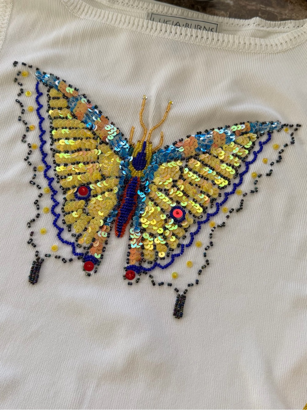 Vintage Y2K Lucia Burns Beaded Butterfly Sequin Tank Top White Ribbed Large. - Picture 8 of 12